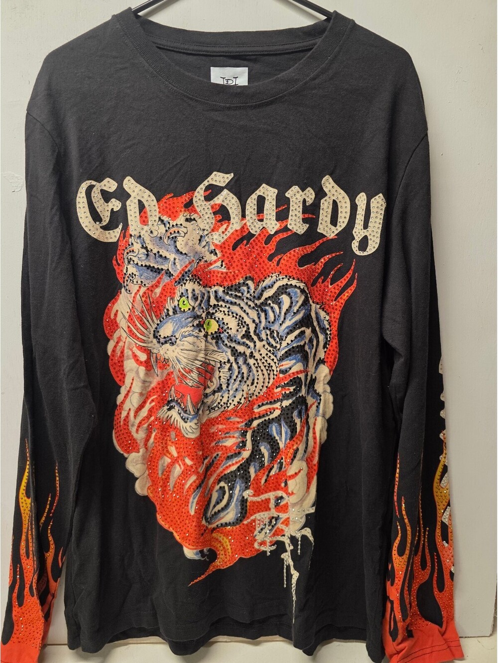 Don Ed Hardy -Rhinestone Tiger Flame Long Sleeve Shirt -NWT Size large